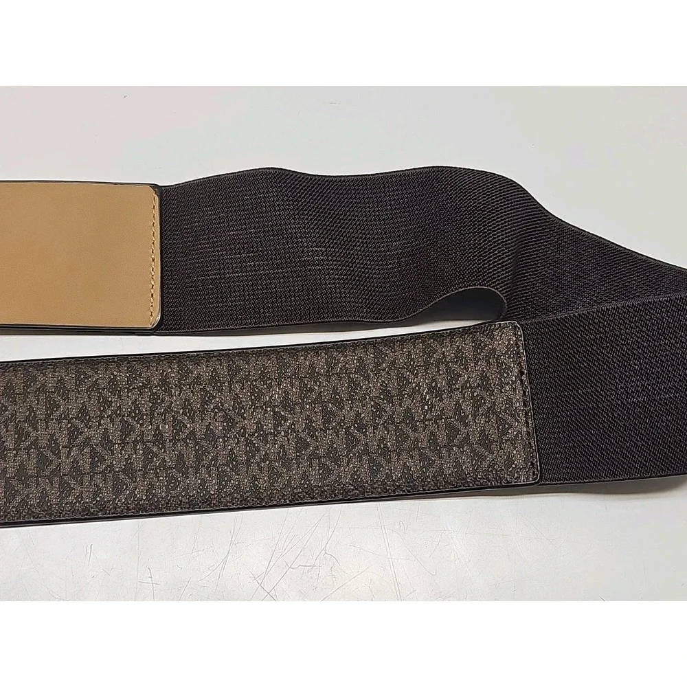 Michael Kors Belt Size L/XL Elastic Stretch Signature Brown Logo Gold Buckle NWT
